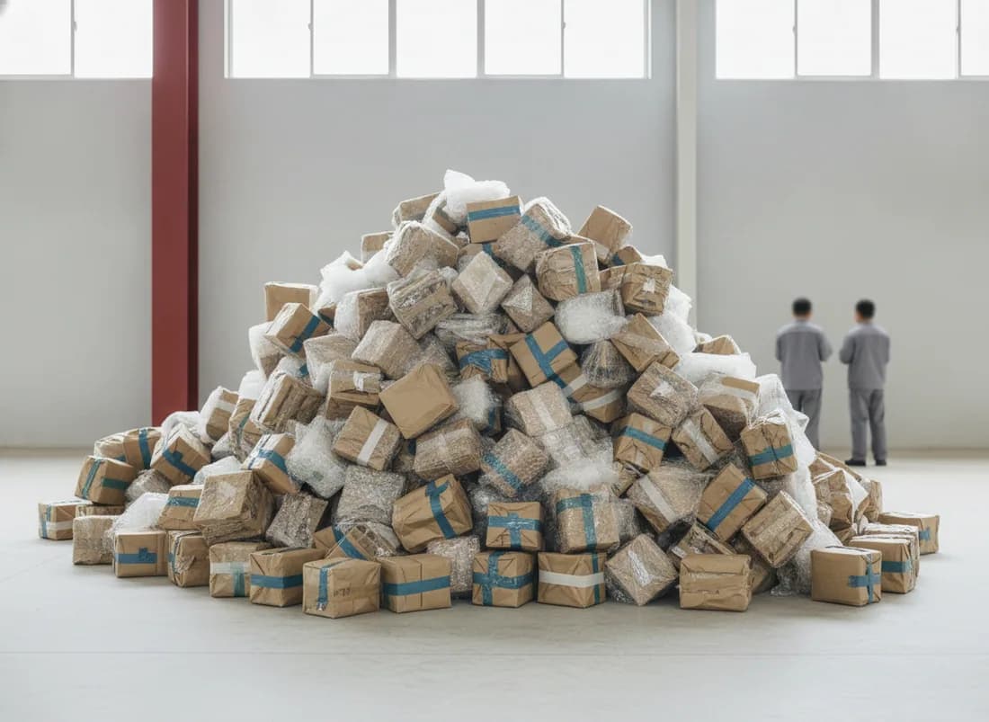 A two-metre heap of hundreds of mismatched parcels wrapped in kraft paper, film and tape, piled without order against a pale wall.