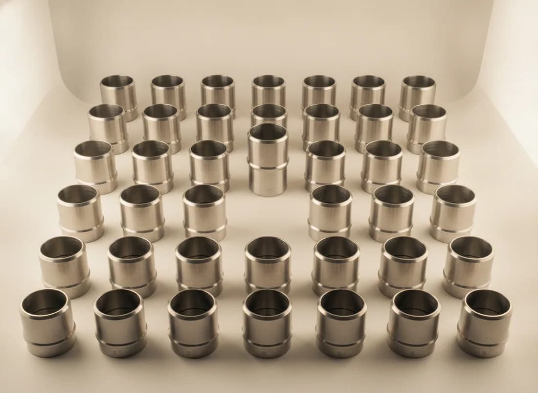Forty identical stainless steel couplings laid in a tight grid, with one lifted out of line and standing on end.