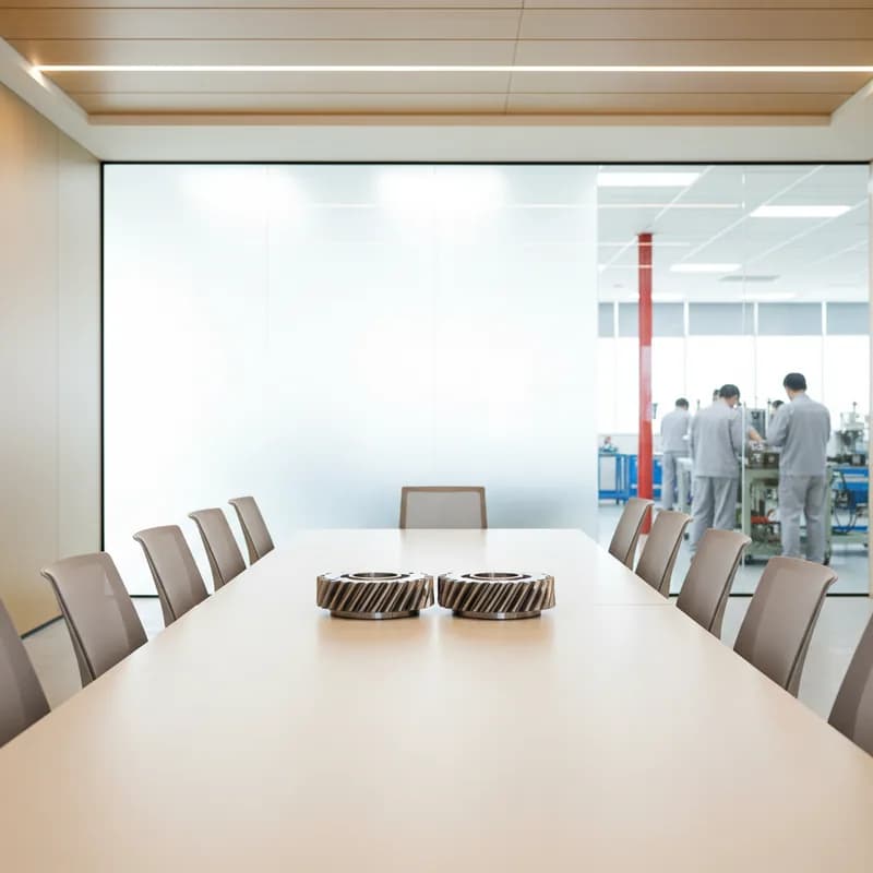 An empty factory meeting room with two identical machined components set facing each other across a long table, chairs pushed in, the plant floor visible through glass.