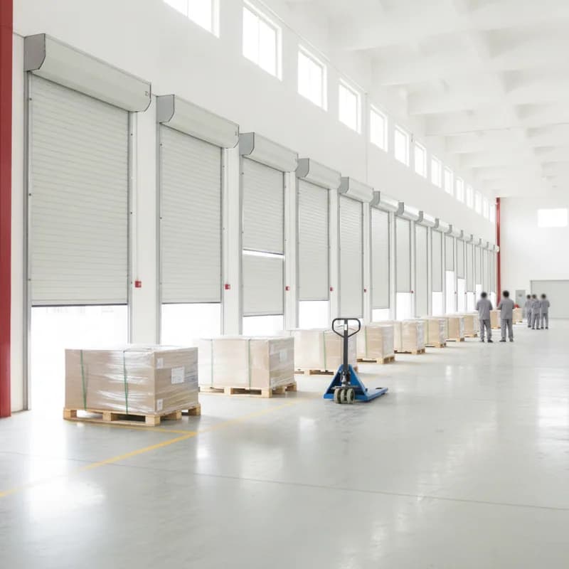 Twelve plain grey loading-dock roller shutters along a dispatch hall wall, each raised to a different height with daylight beneath and a wrapped pallet waiting at each.