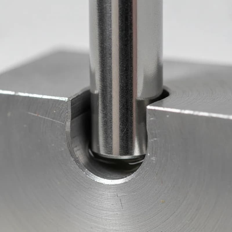 A ground steel plug gauge entering a freshly reamed bore in a machined aluminium block, cutting oil catching the light on the lead-in chamfer.