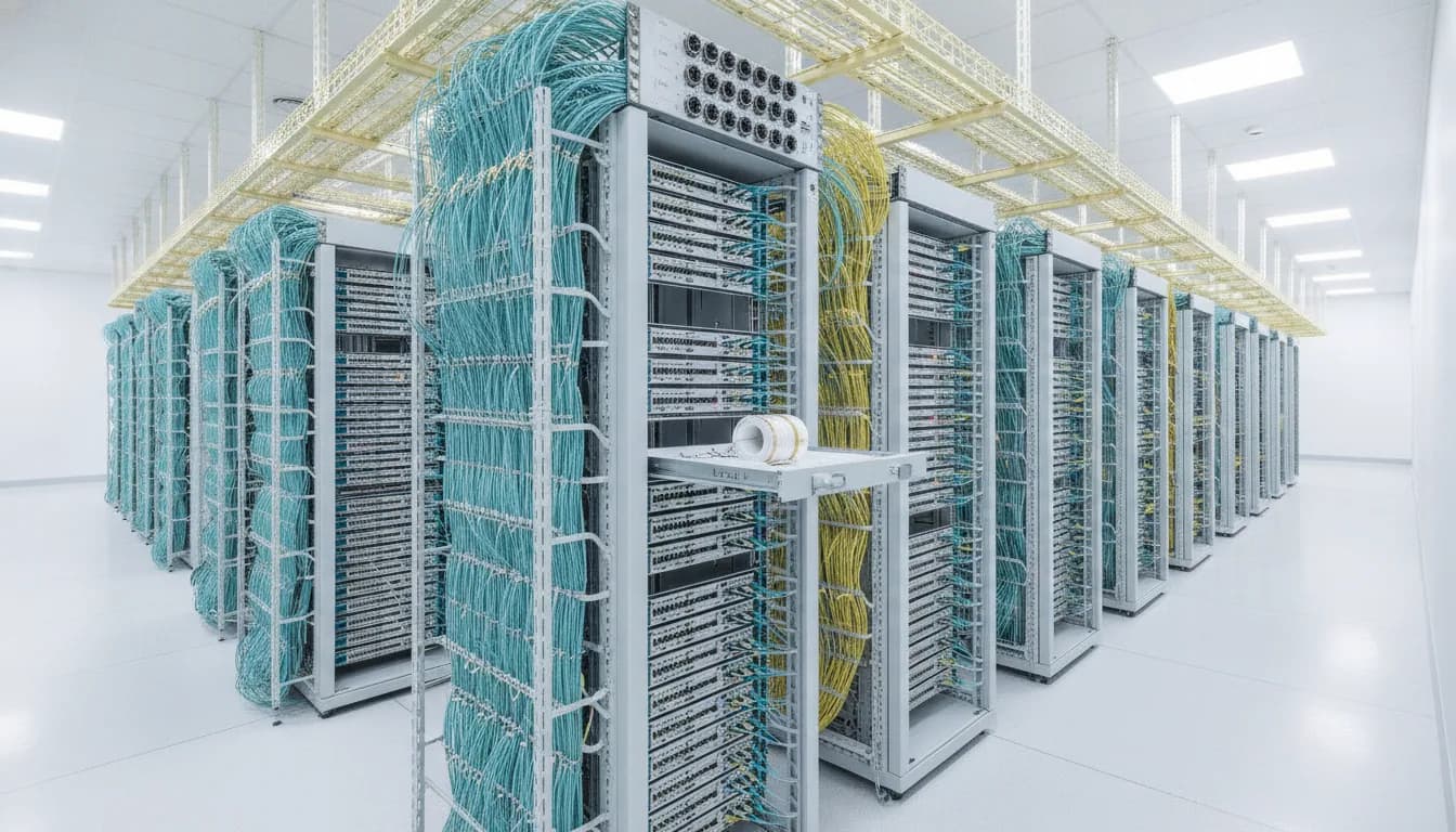 A main distribution area of open relay racks stacked with fibre patch panels, aqua and yellow patch cords combed into bundles and rising into overhead fibre raceway.