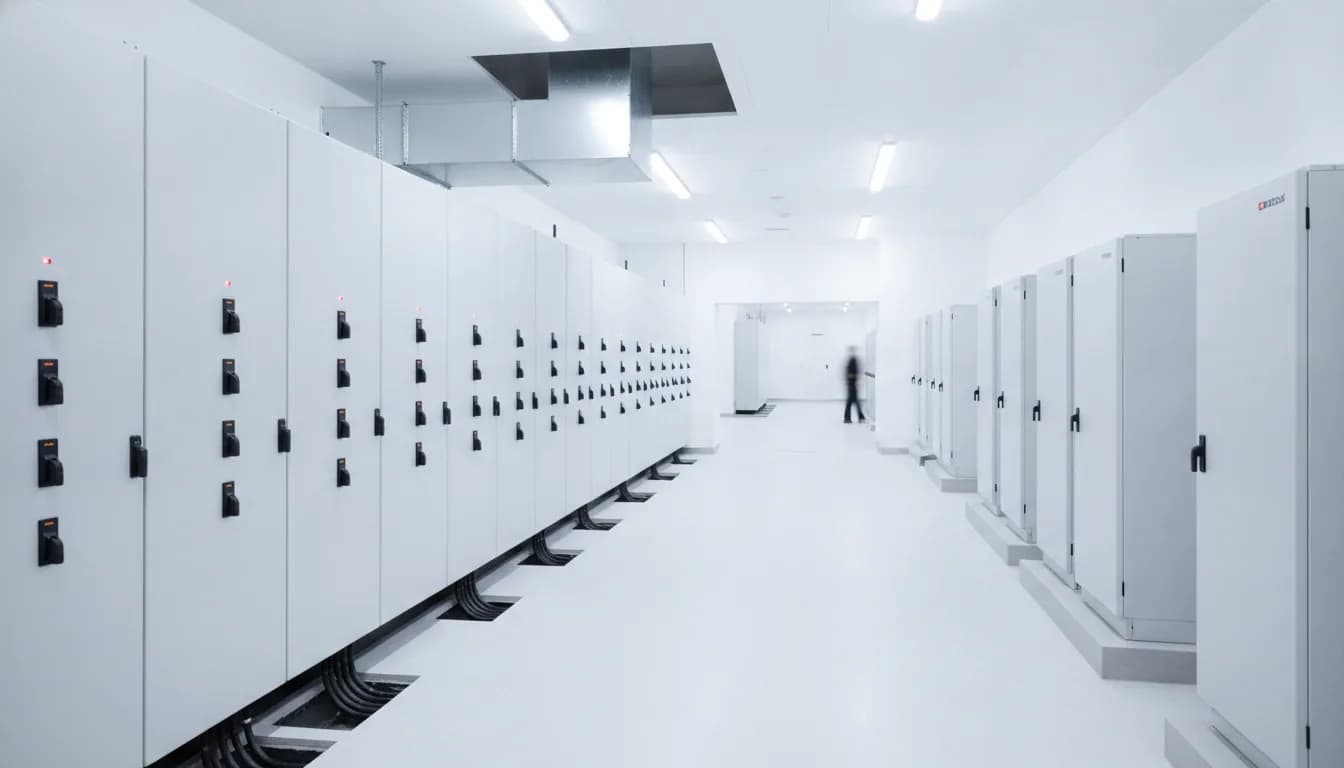 An electrical lineup room with a run of metal-enclosed low-voltage switchboard cubicles facing modular UPS and battery cabinets, with a bus duct riser leaving the top of the lineup.
